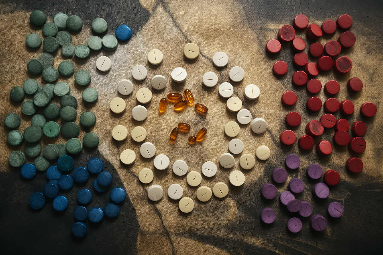 Round colored pills on paper artwork