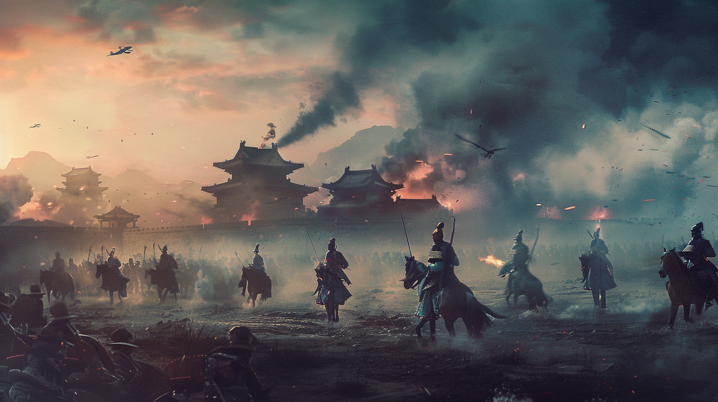 Soldiers in Hanfu armor battle city