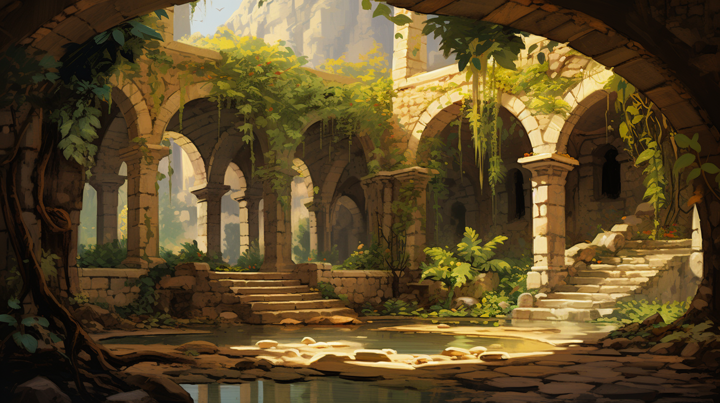 Inside view of ancient civilization with lush plants and flowing stream