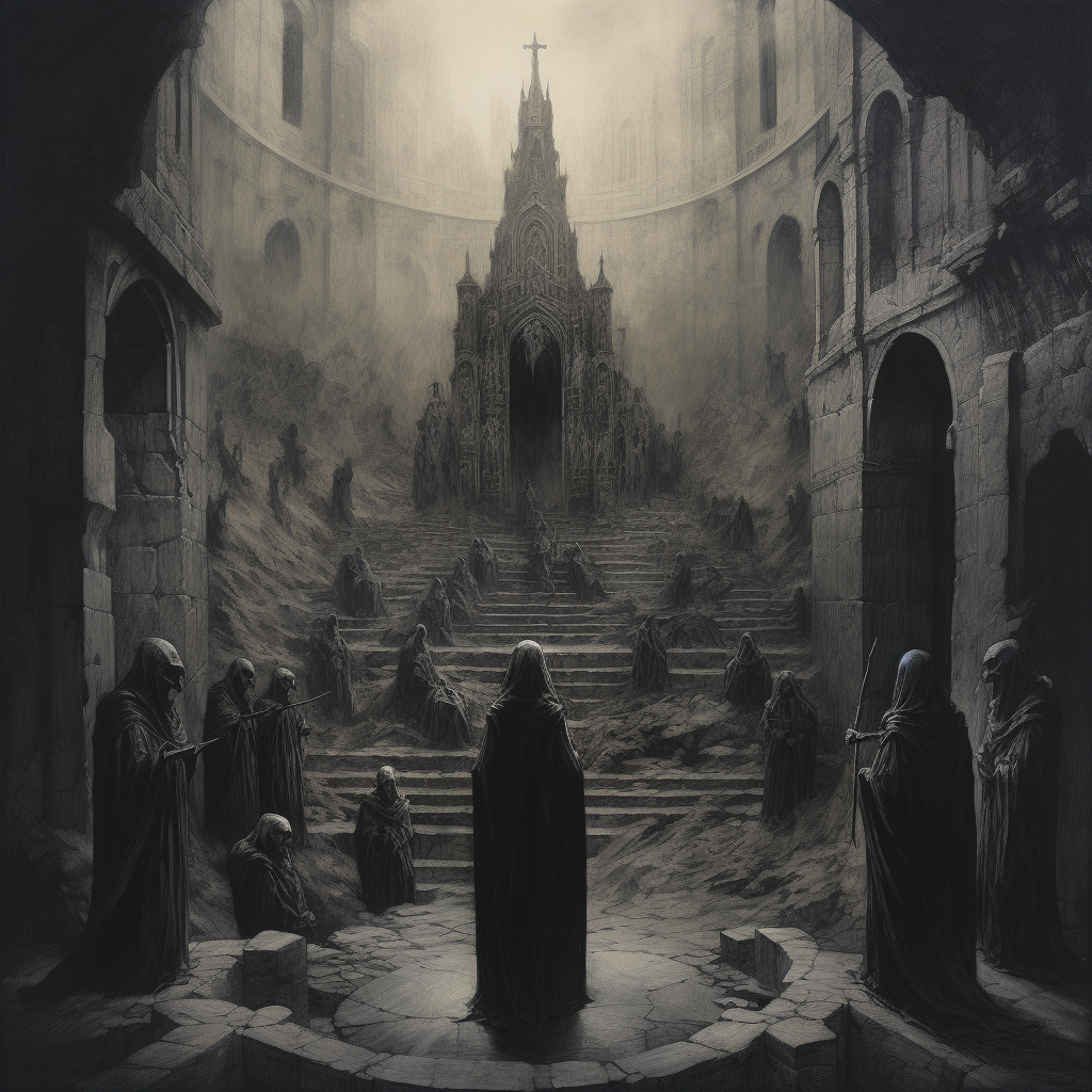 Dark Fantasy depicting ancient cult in ruins