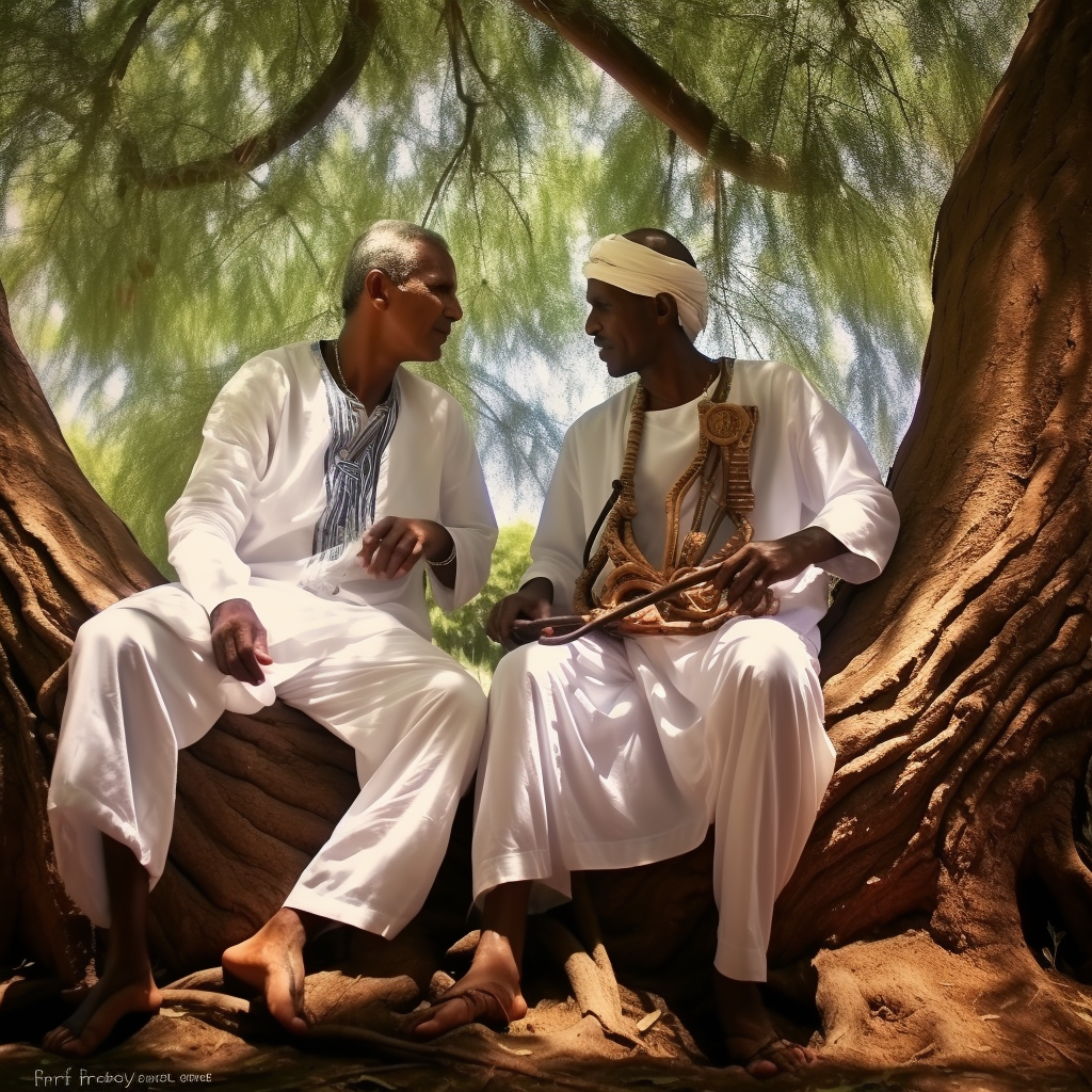 Two men resting under a tree in ancient Egypt