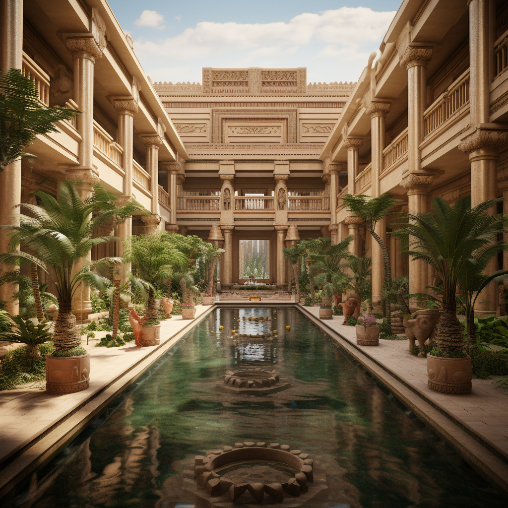 Stunning realistic photo of an ancient Egyptian palace garden