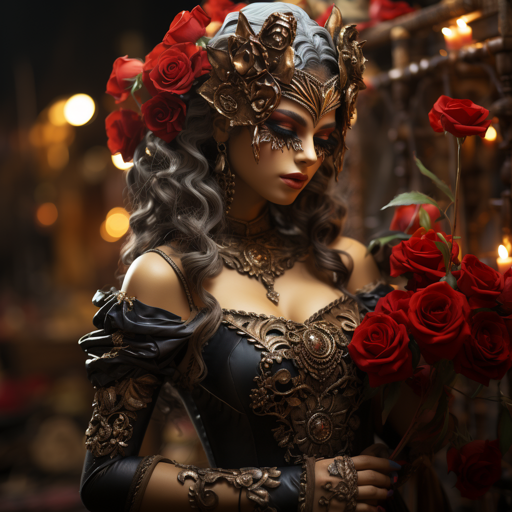 Ancient goddess in masquerade mask with roses