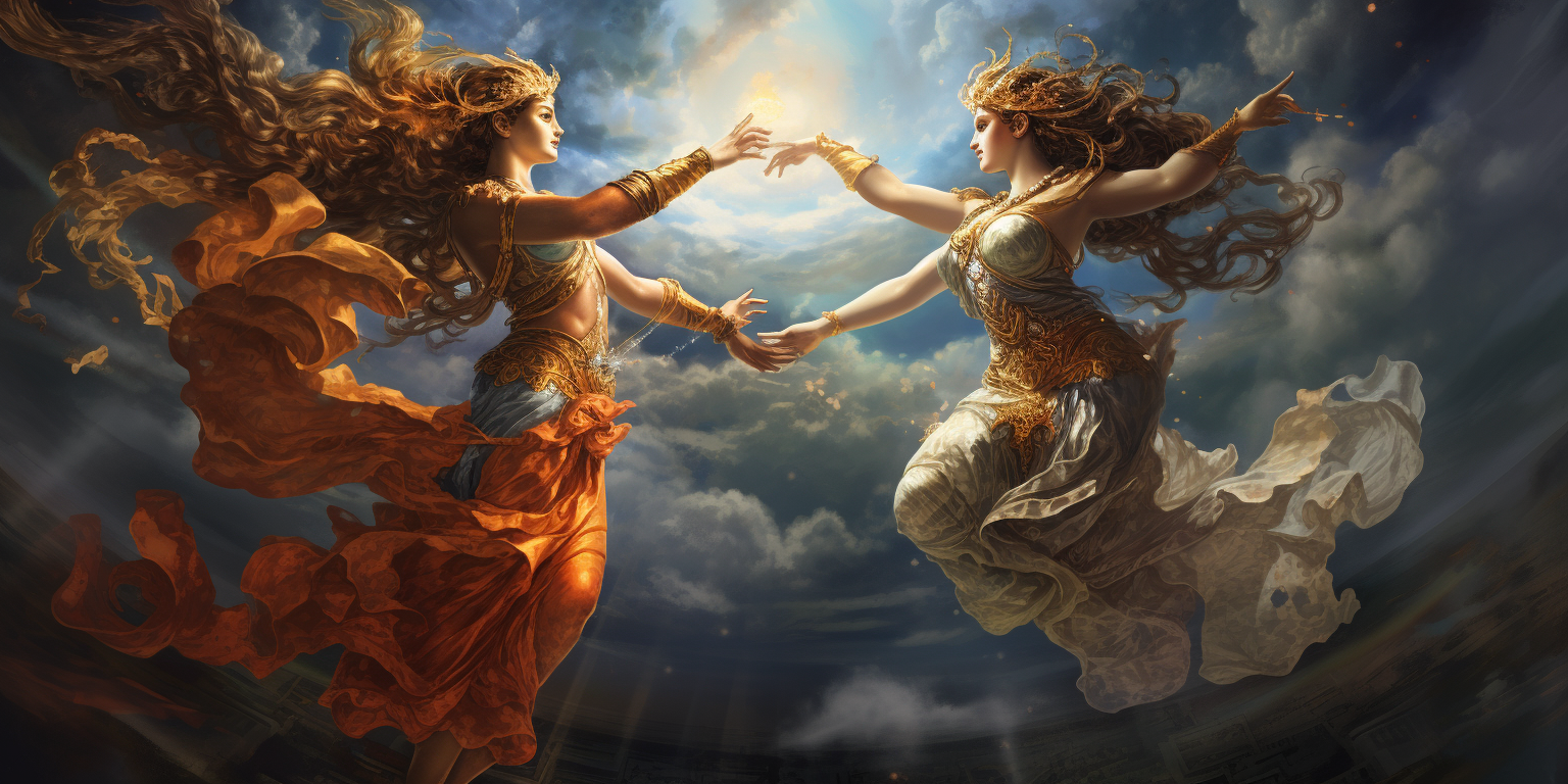 Two ancient goddesses in a sky battle