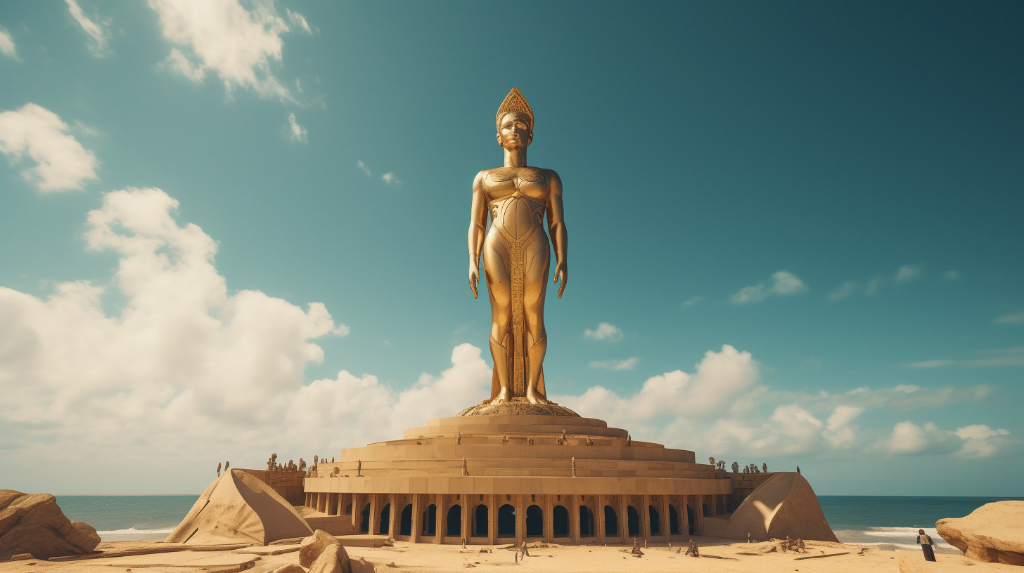 Ancient golden statue on top of temple beach