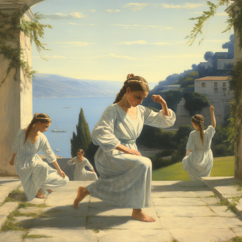 Young girls practicing gymnastics in Ancient Greece