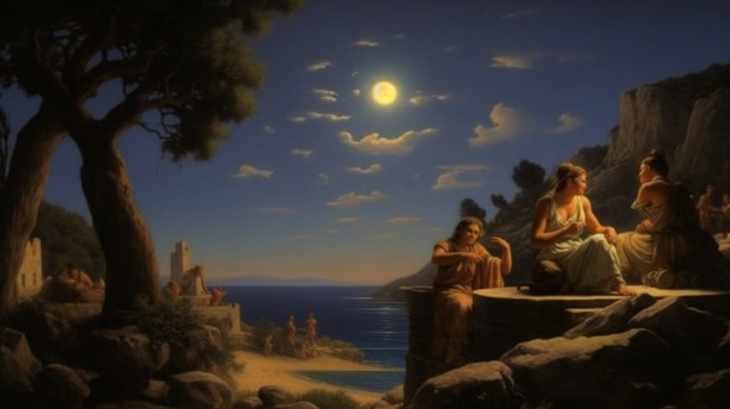 Ancient Greece life under moonlight