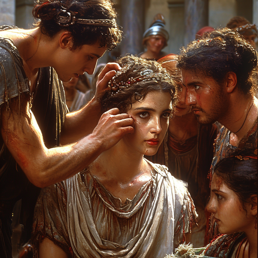 Woman being helped with makeup in ancient Greece