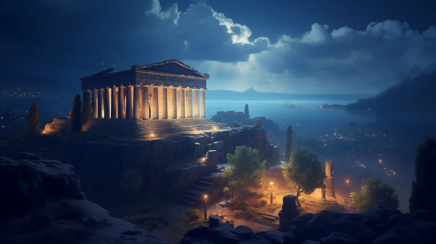 Serene moonlit landscape in ancient Greek night