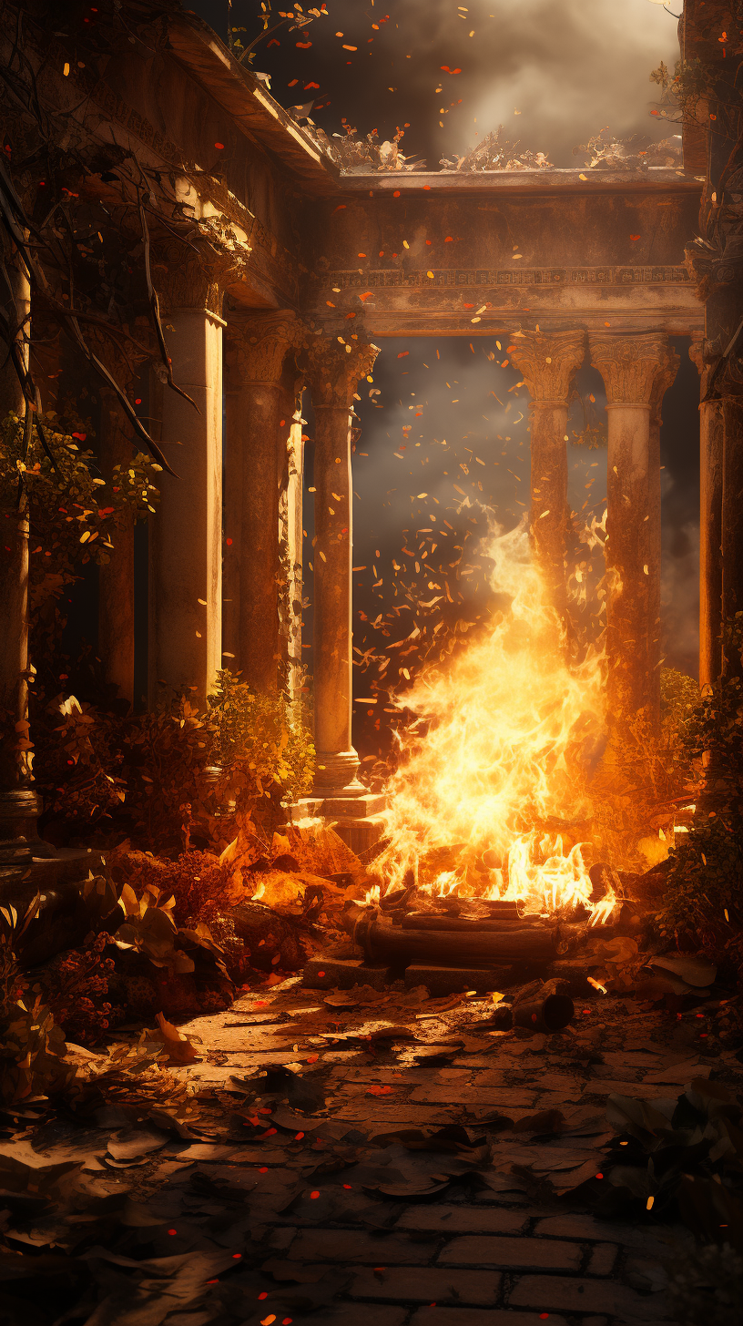 Ancient Greek room on fire with blurred background