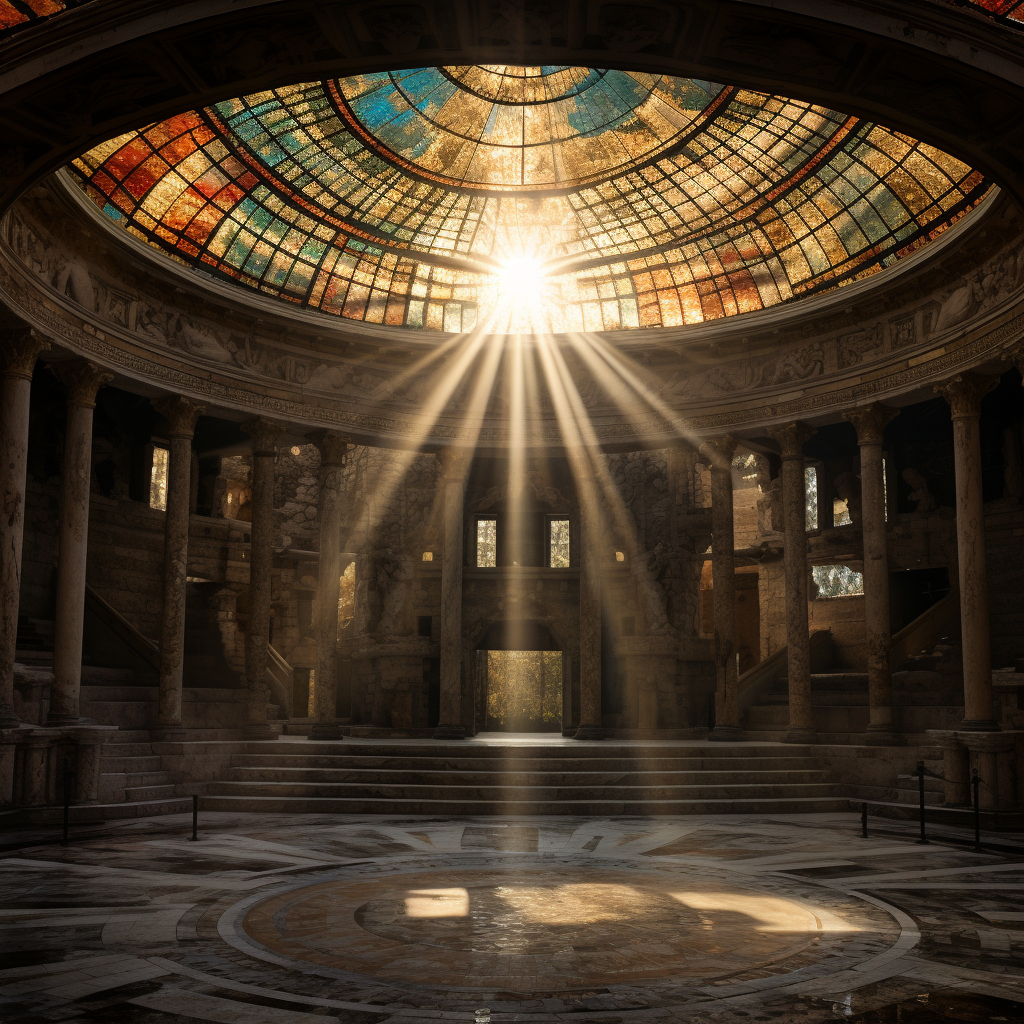 Stained glass dome revealing ancient Greek theater