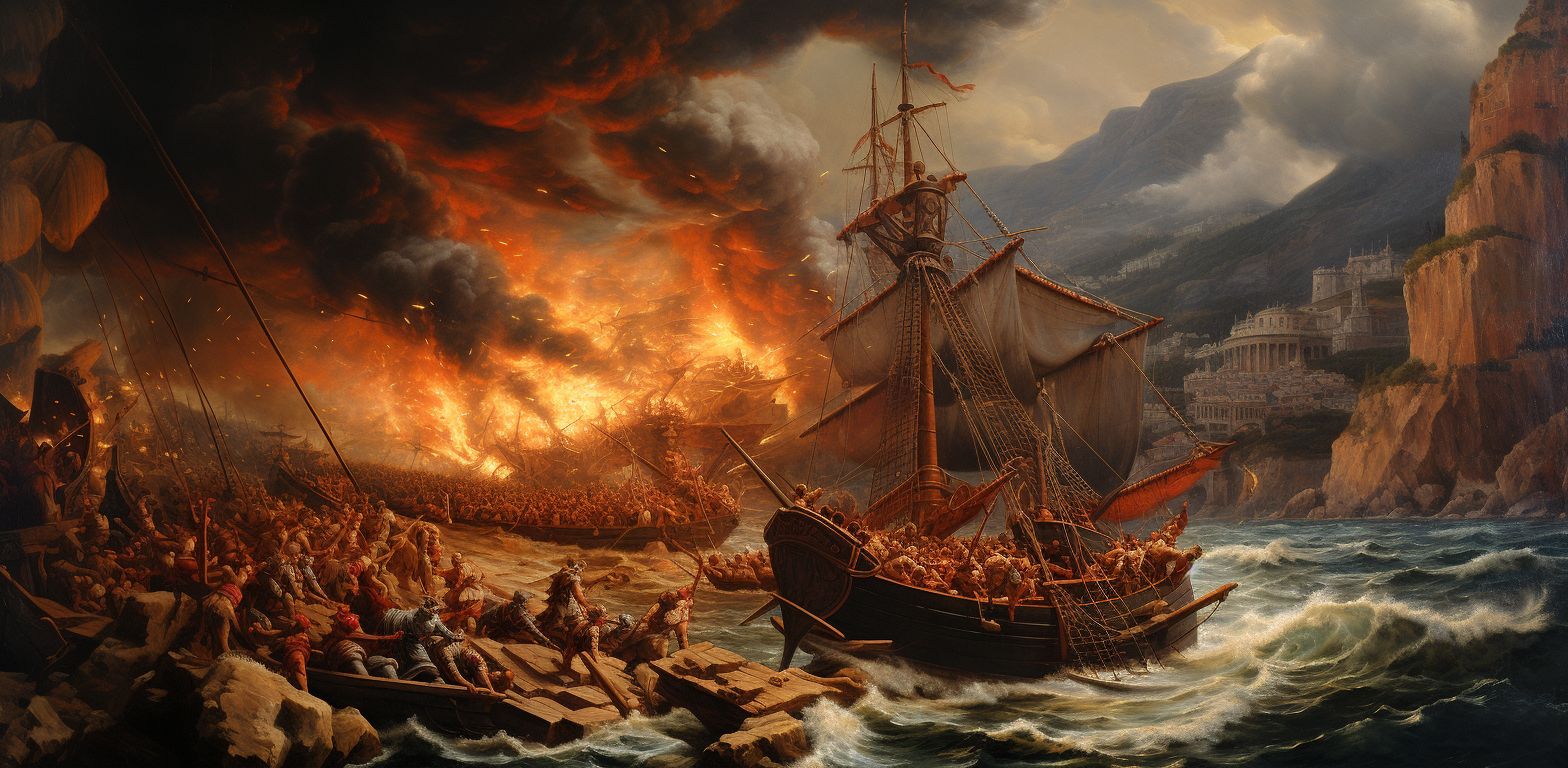 Ancient Greek trier rams Persian ship during battle