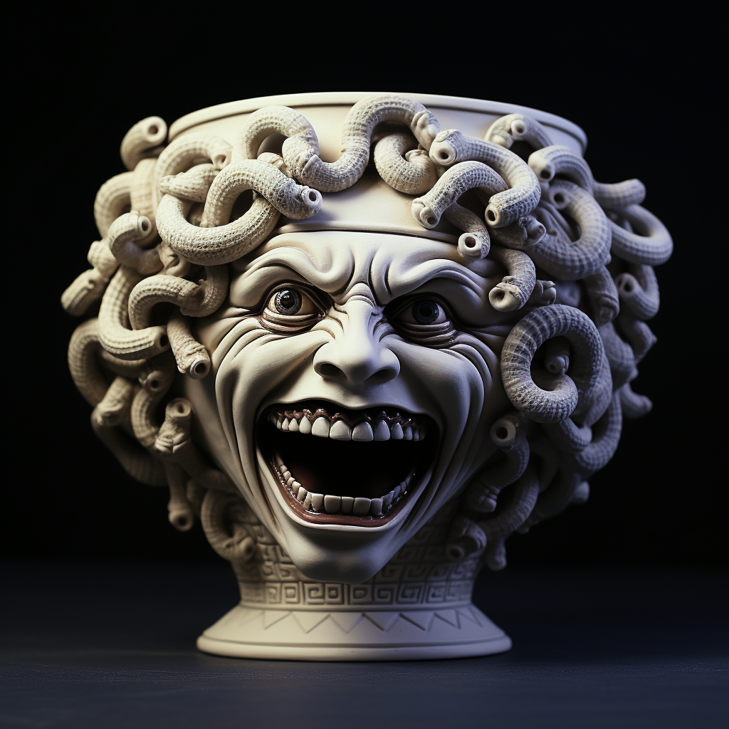 Greek vase showing smiling Medusa