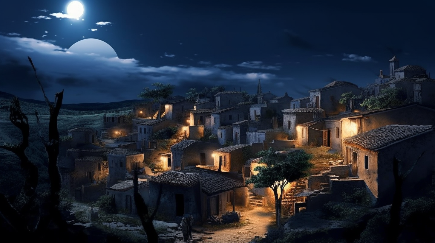 Ancient Greek Village in Moonlight