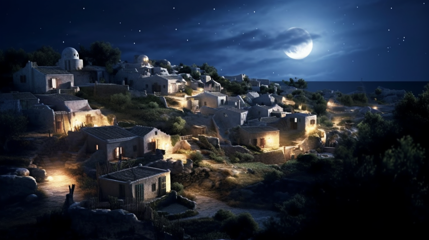 Serene moonlit Ancient Greek village