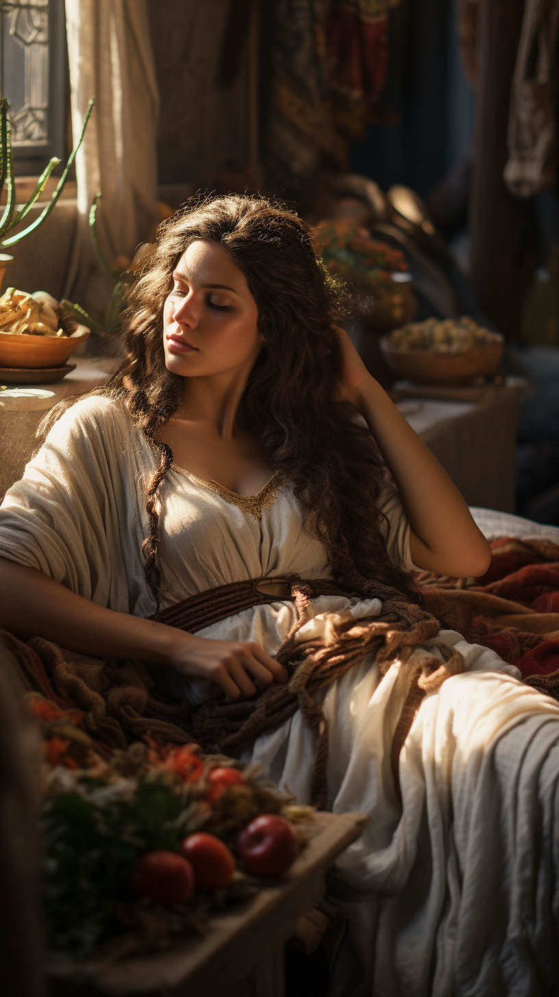 Ancient Greek woman sleeping in bed