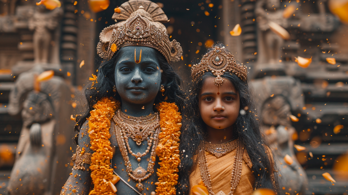 Smiling Hindu Boy and Girl in Ancient Temple