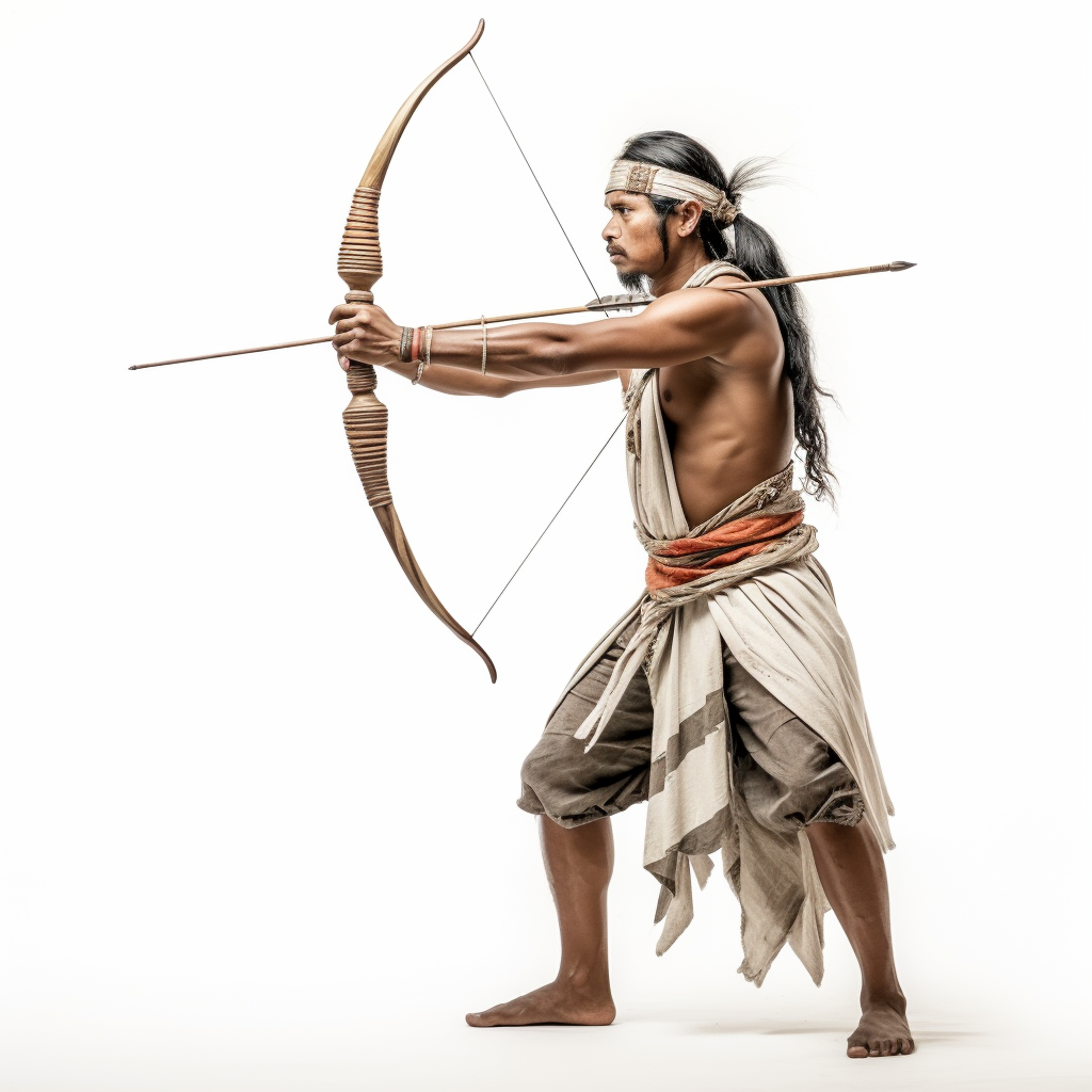 Ancient Indian Mauryan archer aiming bow dynamically