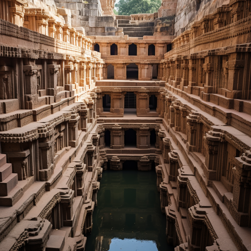 Realistic Ancient Indian Stepwell with People