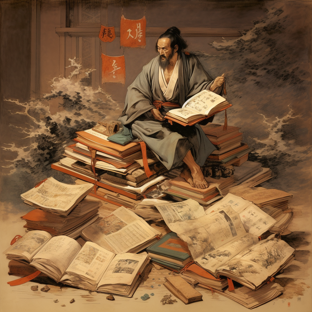 Ancient Japanese sage surrounded by books and scrolls