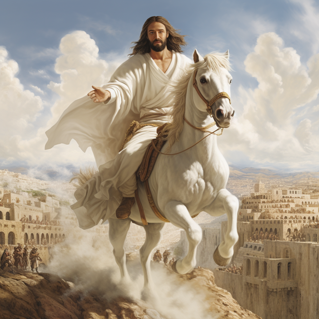 Jesus on a white donkey in ancient Jerusalem