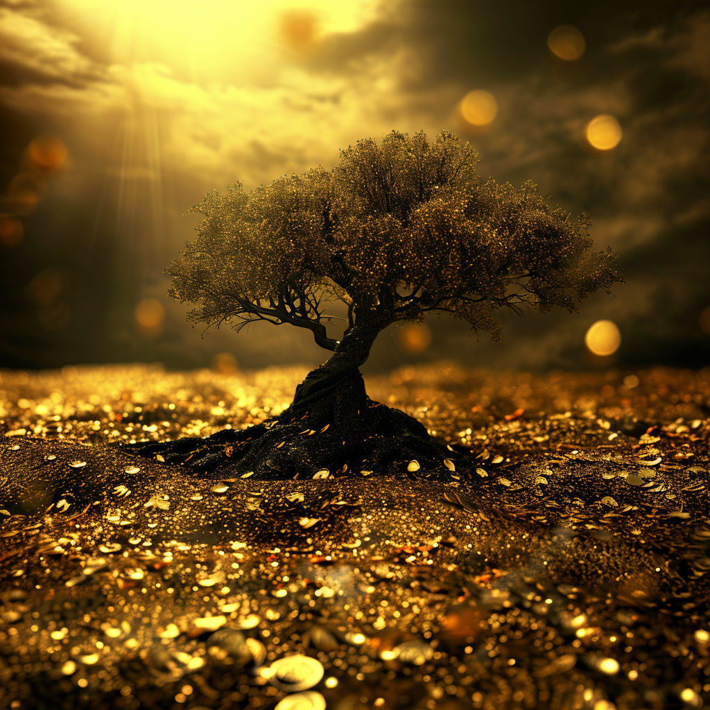 Ancient life in paradise with gold tree