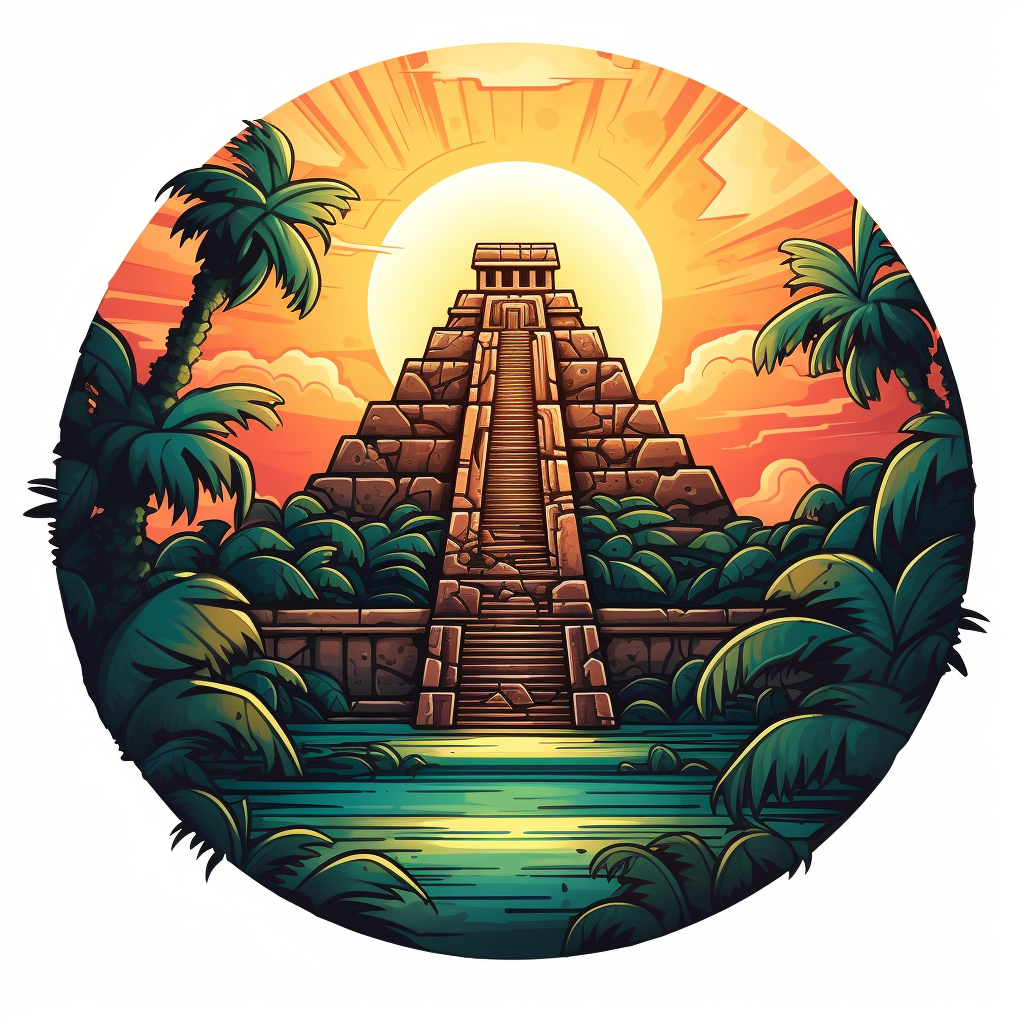 Ancient Mayan Temple Game Icon with Rising Sun