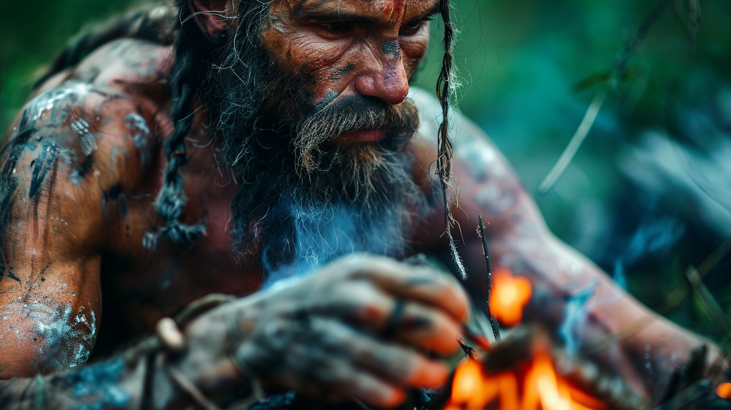 Normadic Warrior Making Fire in Woods