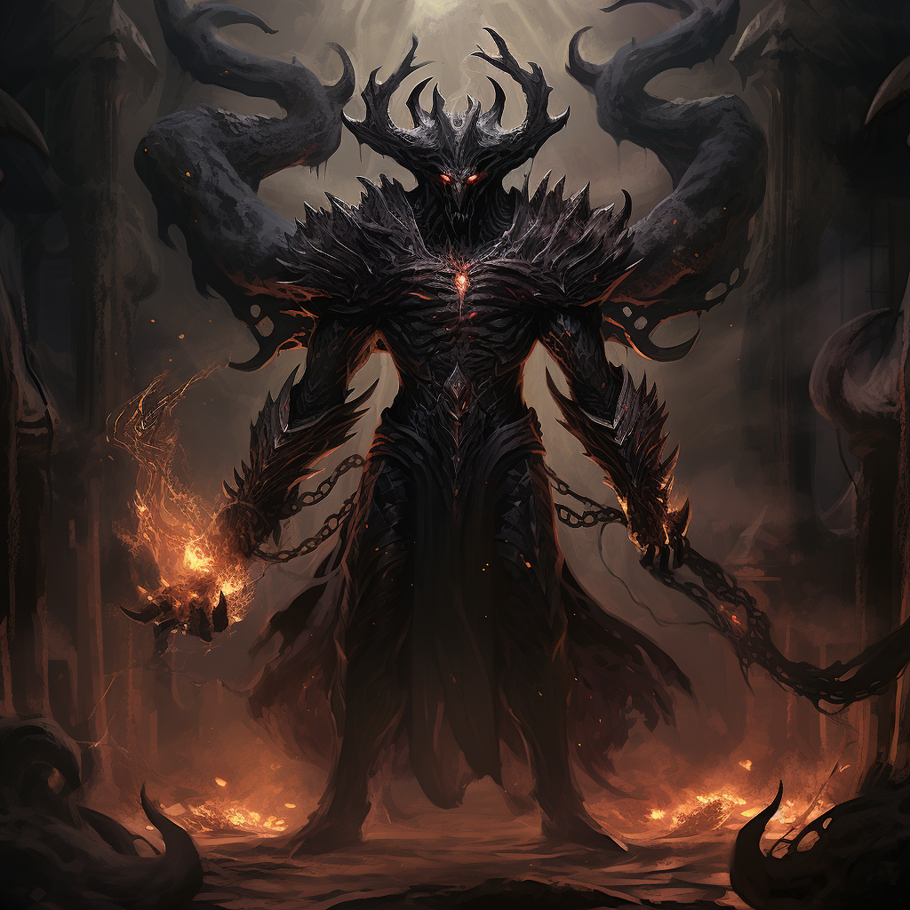 Ancient Primordial Cursed Void Demon King wielding runic weapons