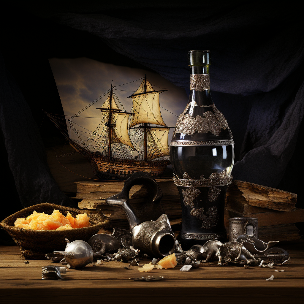 Ancient riches on table with bottle and naval