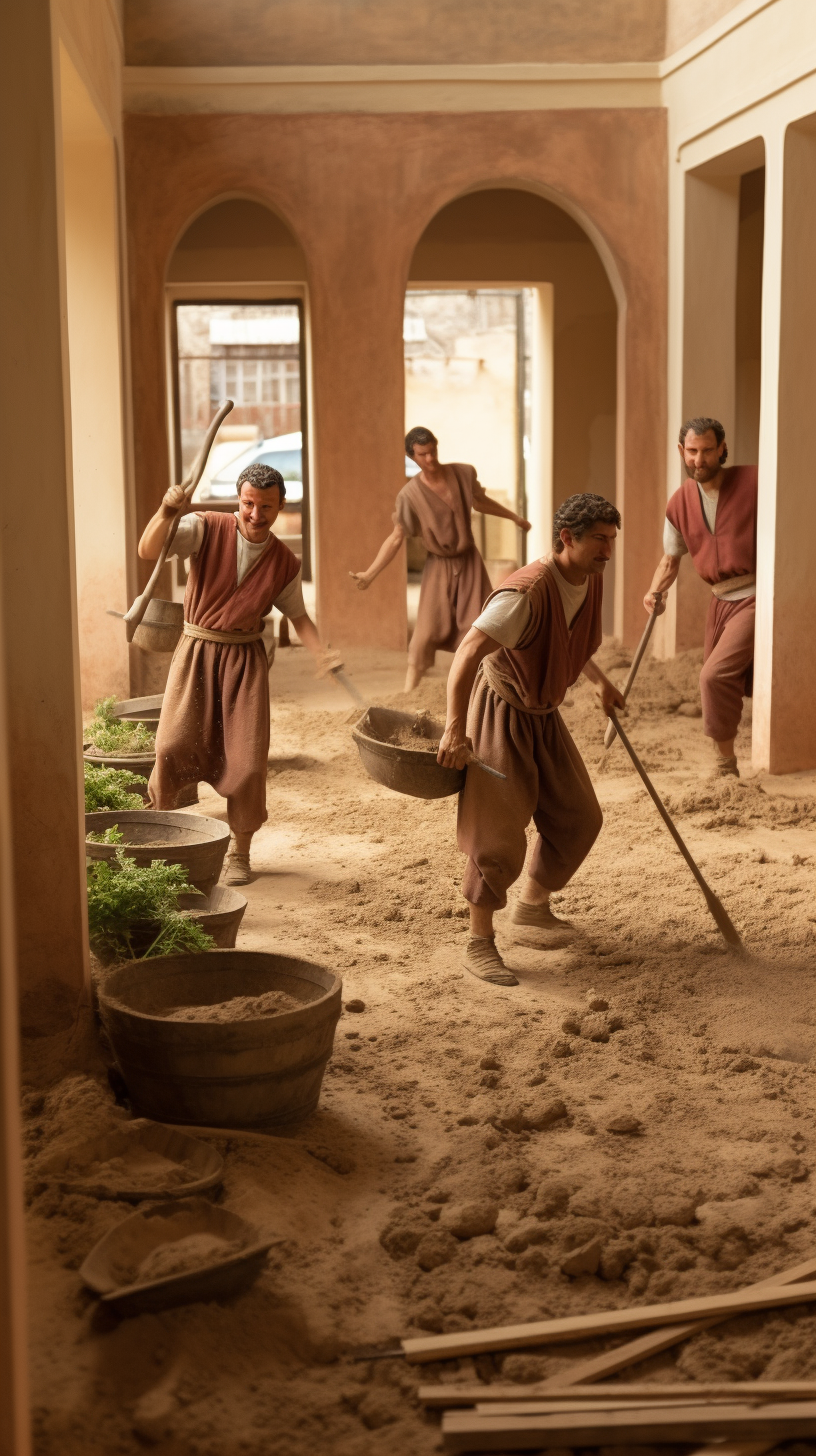 Ancient Roman workers shoveling soil inside villa