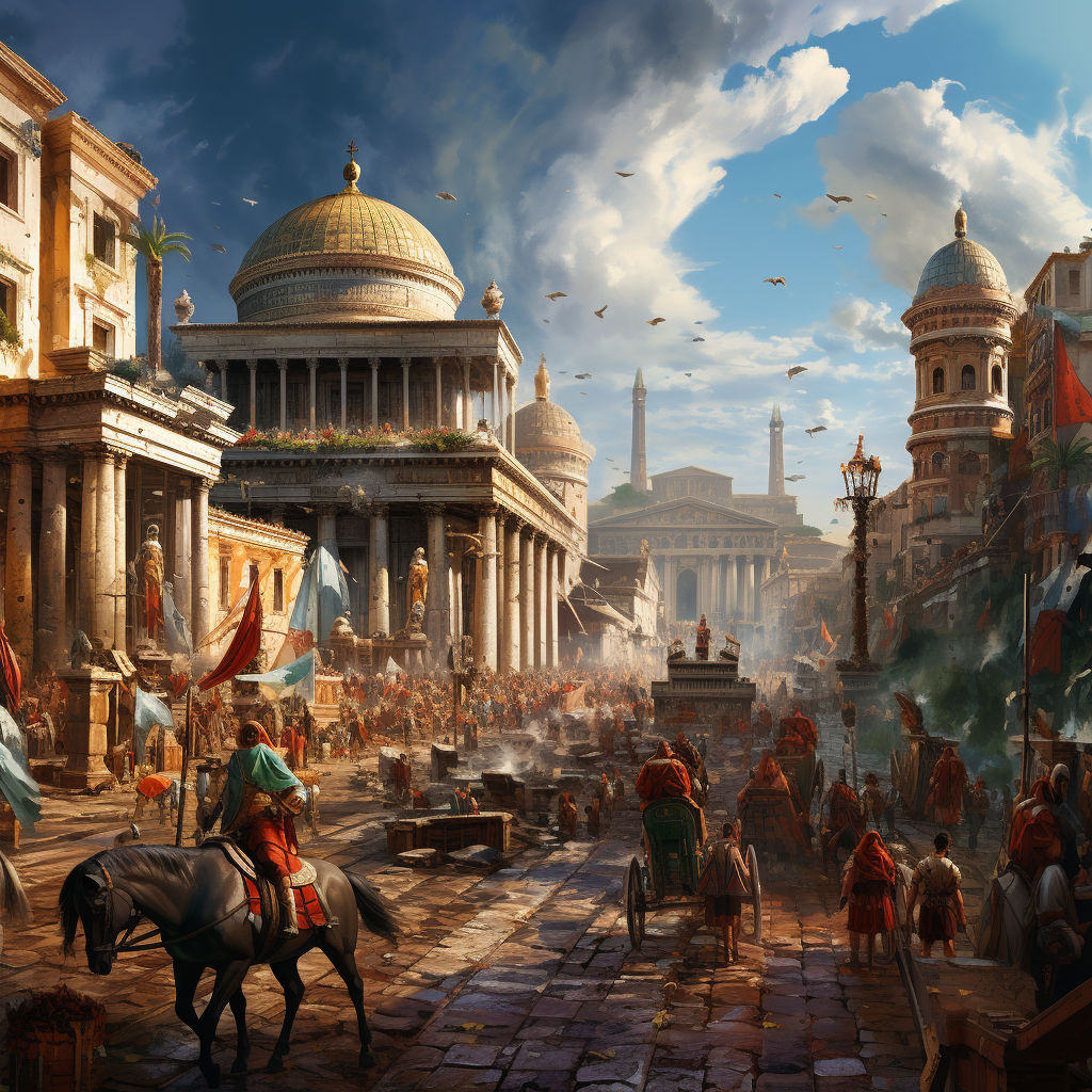 Vibrant depiction of Ancient Rome's bustling streets