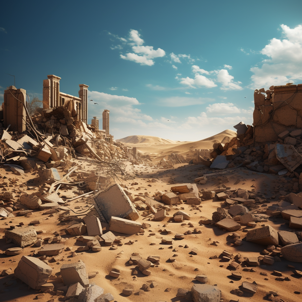 Rubble of ancient ruins in desert