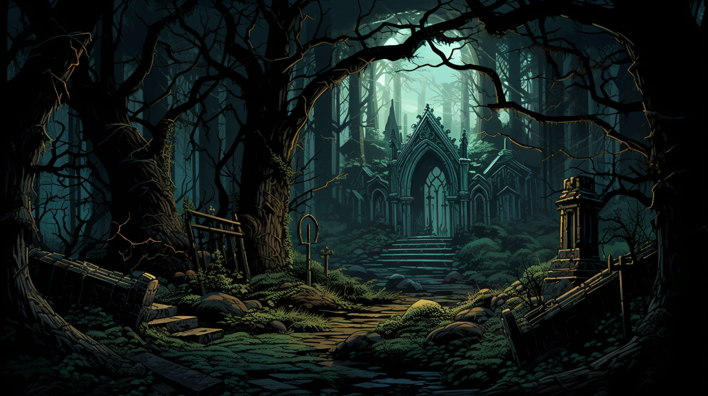 Dark forest shrine in evening