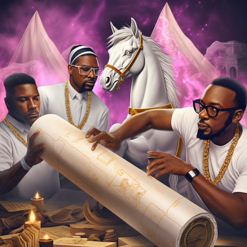 Ancient scrolls with unicorn, Rupaul, and George Bush