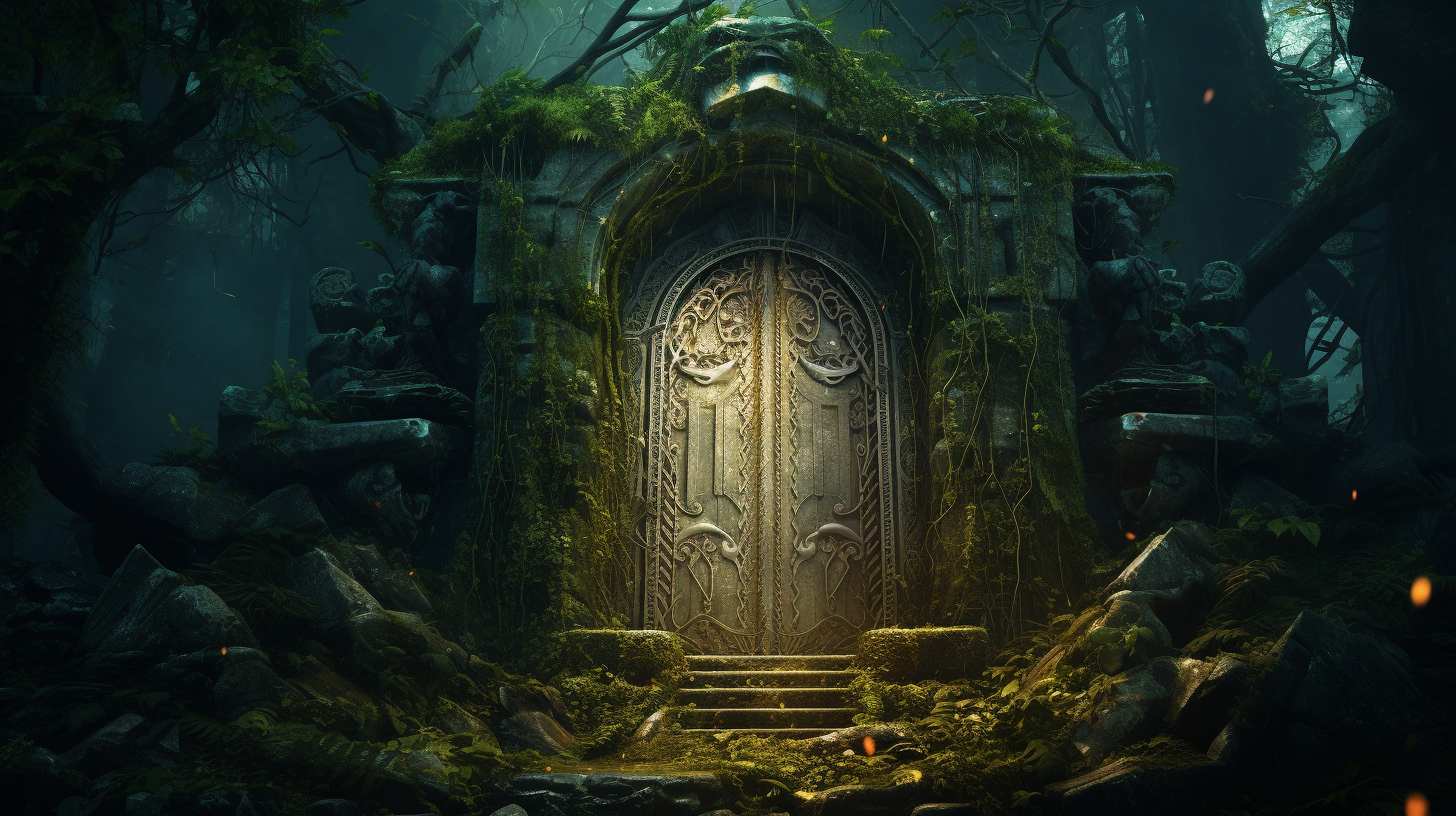 Ancient sealed door with glowing magic in ruins