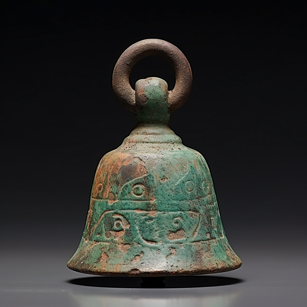 Ancient small round bell with verdigris and scratches