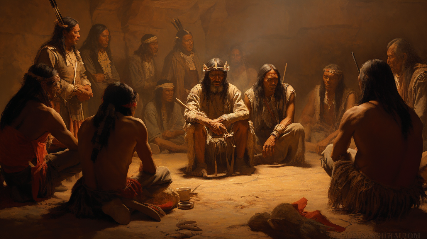 Ancient Spanish Army and Apache Native Americans making a deal