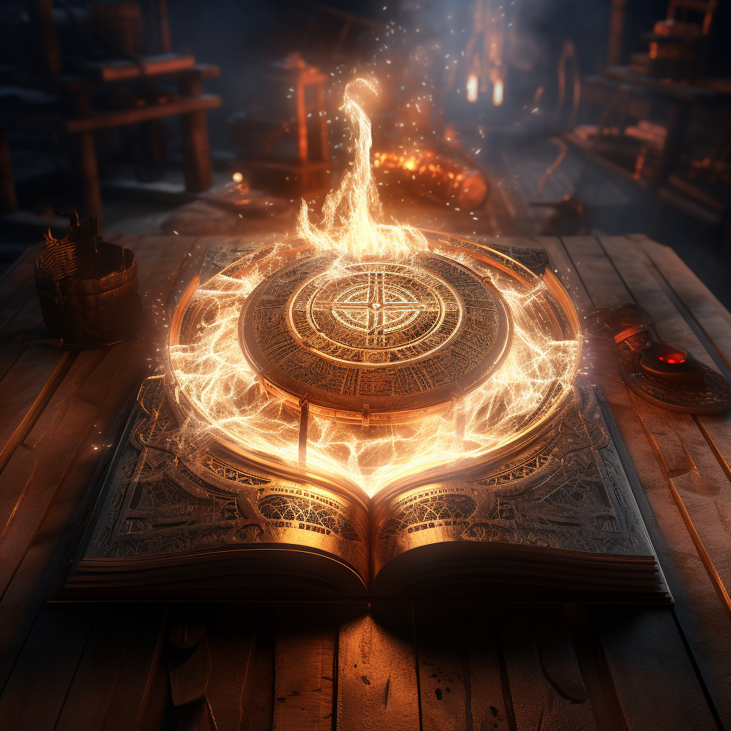 Glowing ancient spell book on table