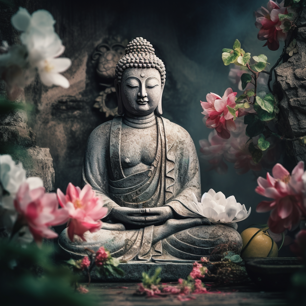 Serene Buddha Meditating Amongst Stone and Flowers