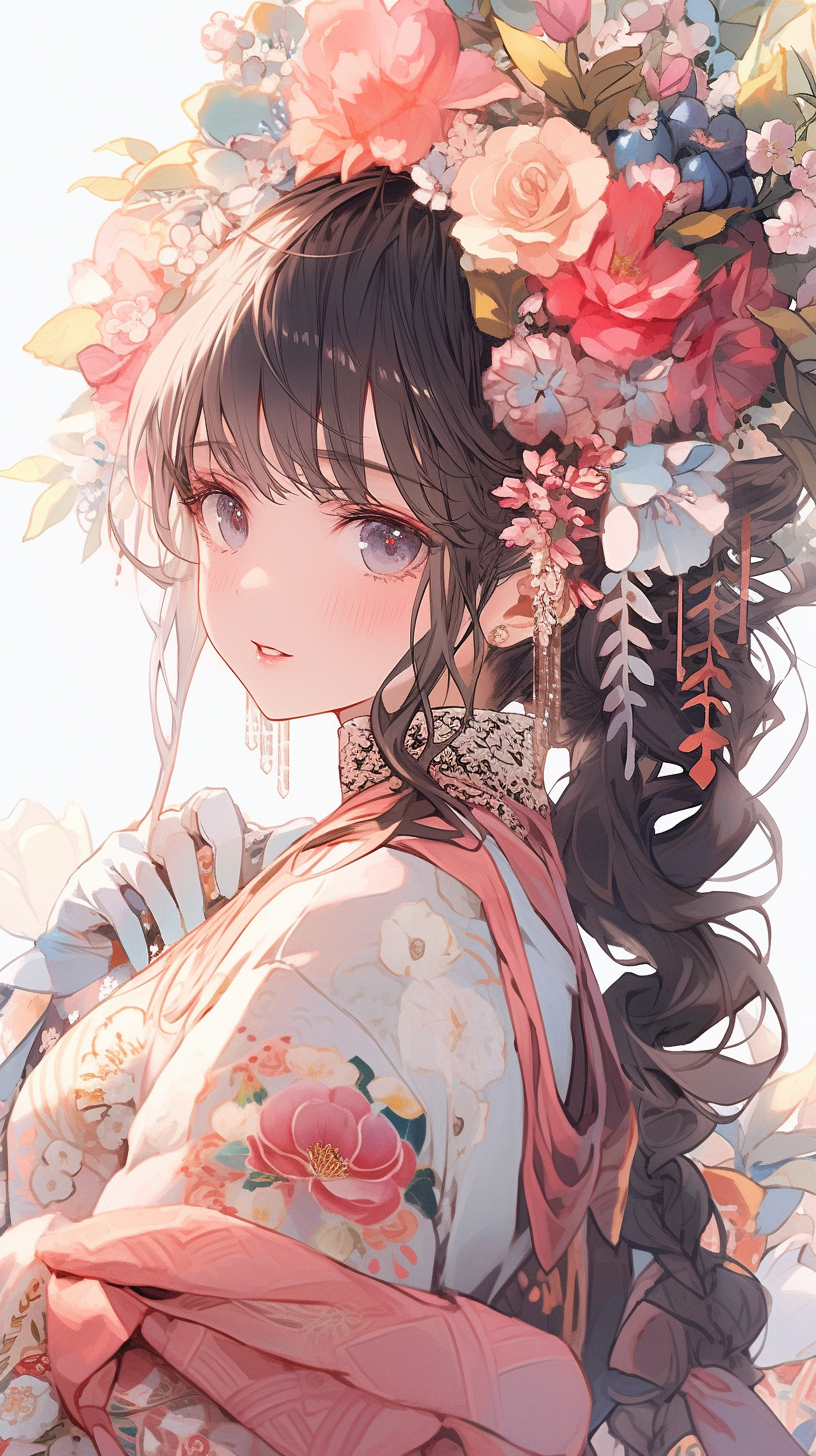 Ancient Style Girl with Scattered Flowers