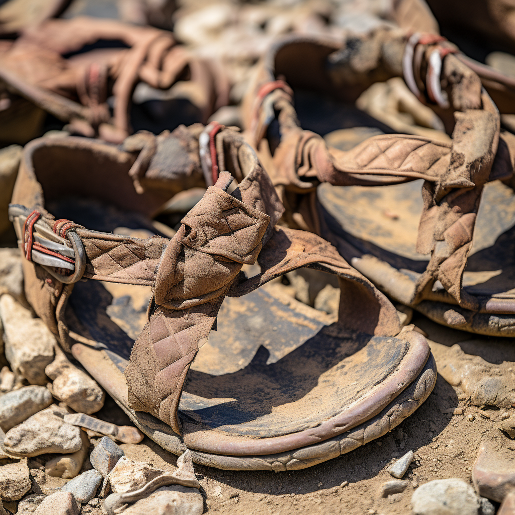 Aged worn-out Greek sandals on display