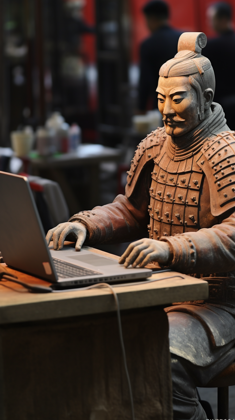 Terracotta warriors with electronic computers at archaeological site