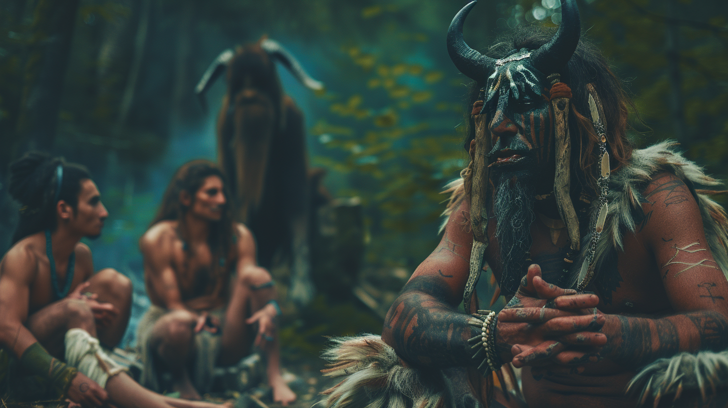 Ancient Tribe Praying Shamanic Demon