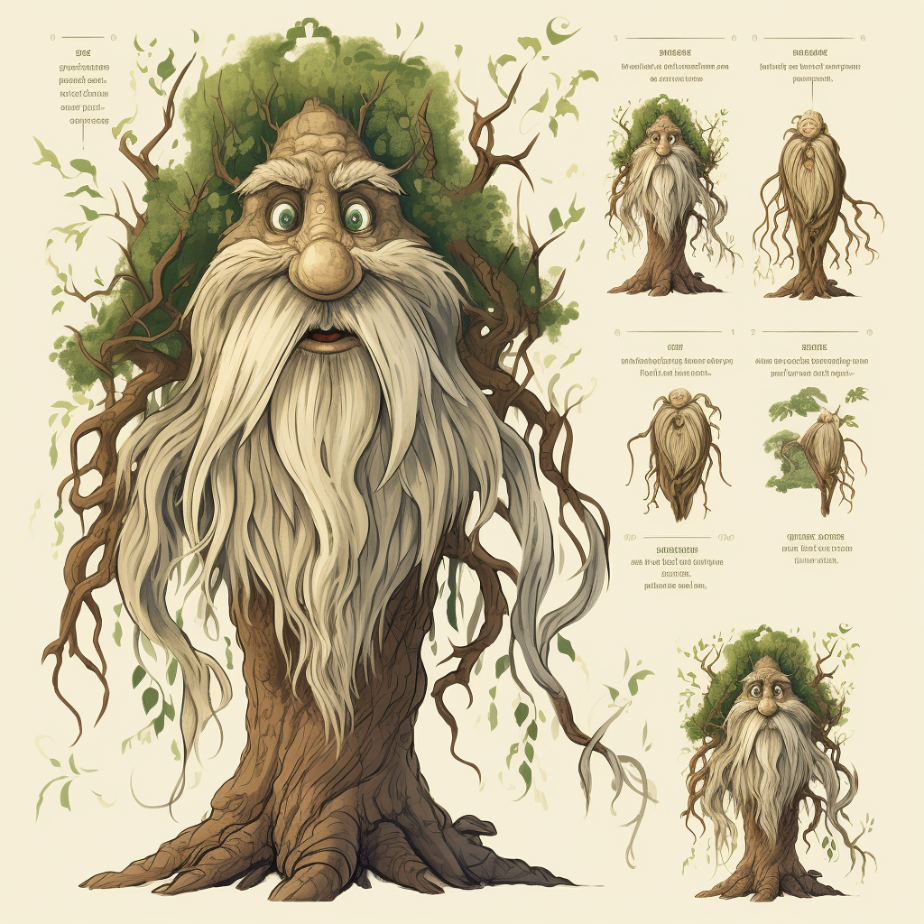 Illustration of Ancient Willow Tree Character with Expressive Face