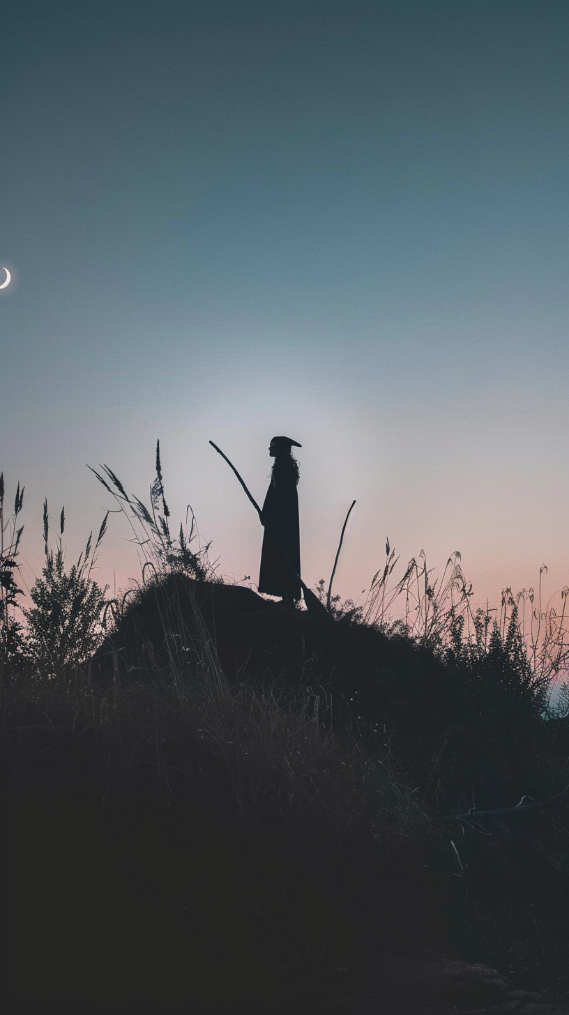 Ancient witch with broomstick observing horizon