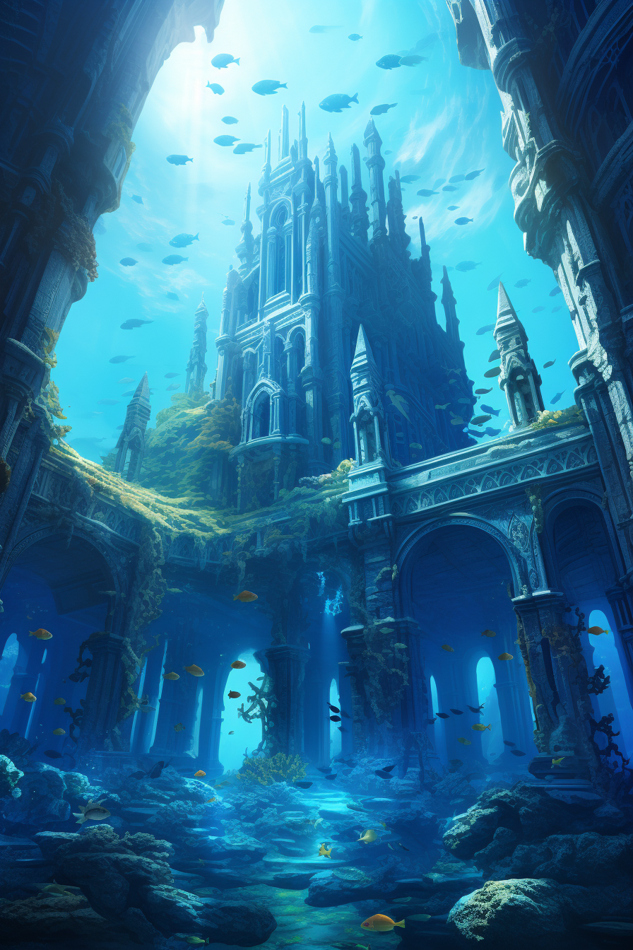 Ancient Atlantis city beneath the serene sea