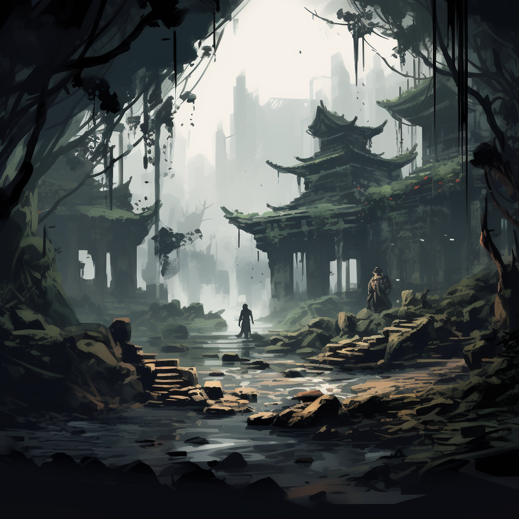 Ancient Chinese ruins in a mystical forest