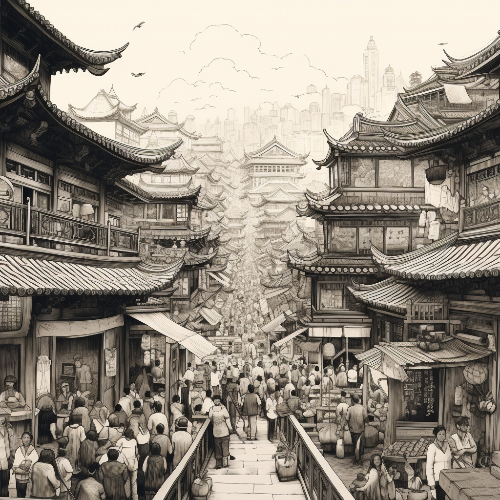 Illustration of Ancient Chinese Town with People