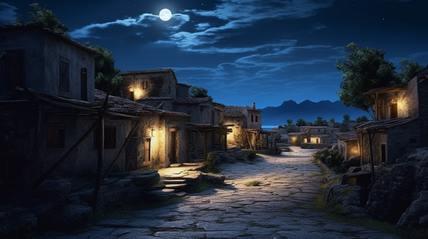 Serene moonlit ancient Greek village